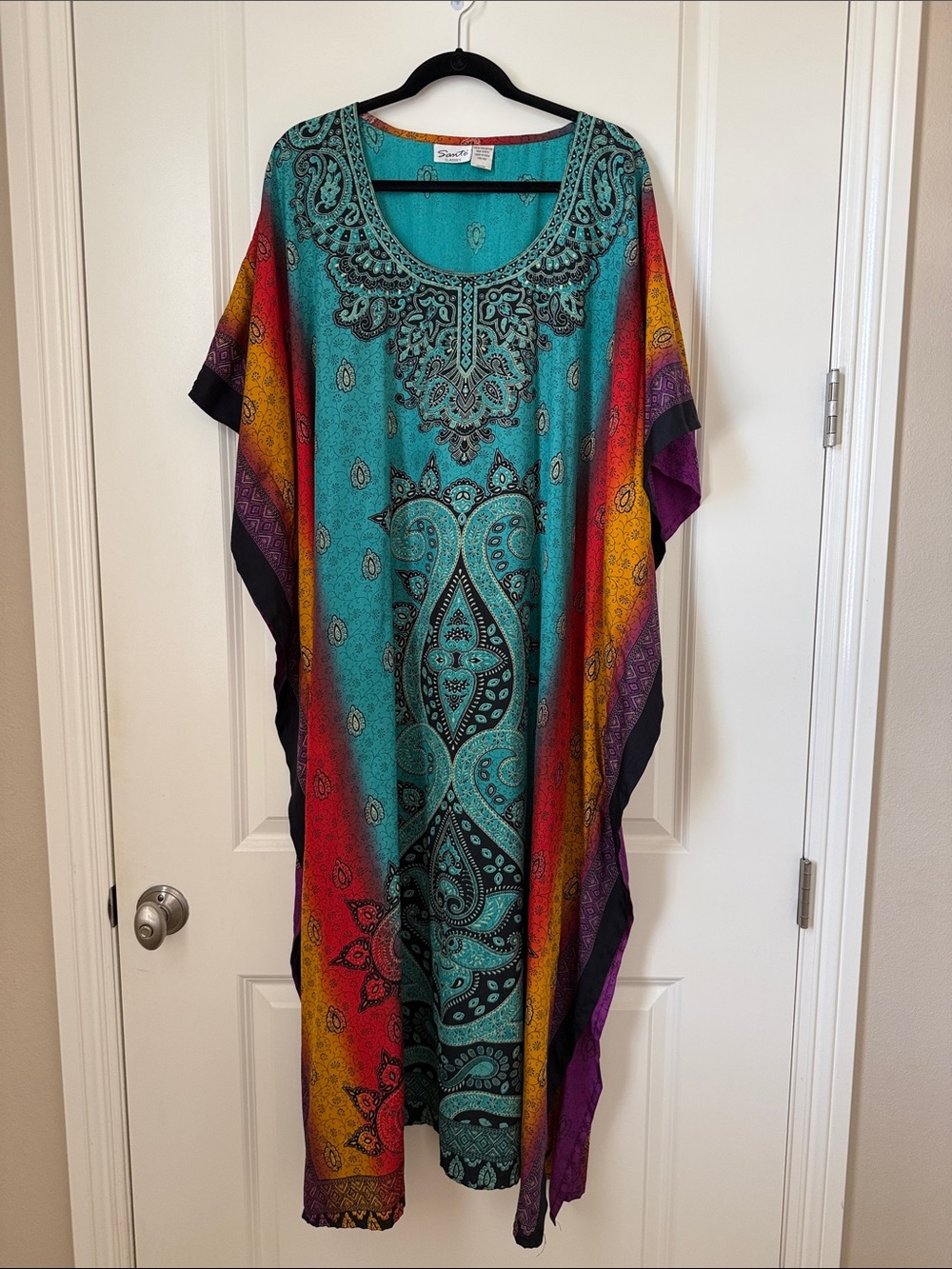 Teal Paisley Boho Caftan Dress with Multicolor Side Panels